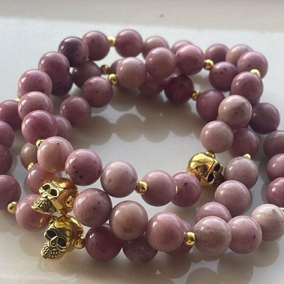 Hand Crafted Jewelry - Rhodonite skull gold tone ONE stretch bracelet NEW crystal meditation yoga stone
